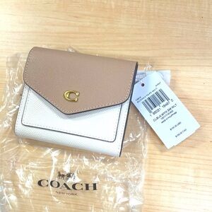 COACH Brand New “Wyn” Tri-Fold Envelope Leather Wallet, Brass/Chalk Taupe